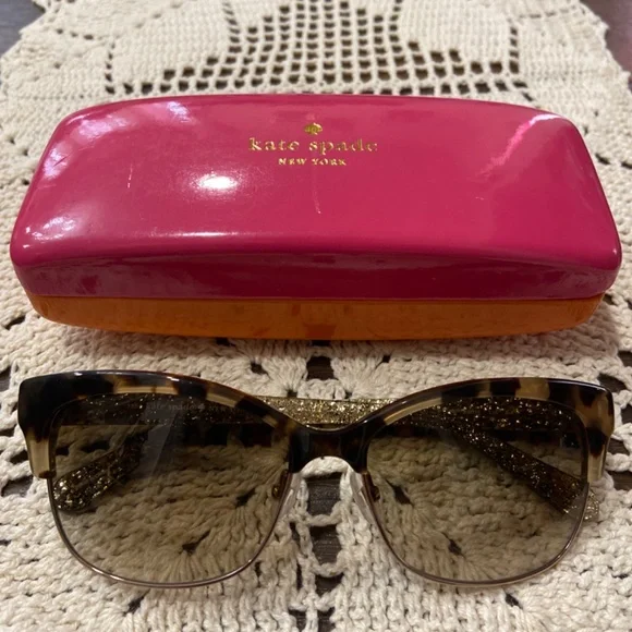 KATE SPADE SHIRA SUNGLASSES TORTOISE GOLD GLITTER CAT EYE WITH CASE - Picture 1 of 16